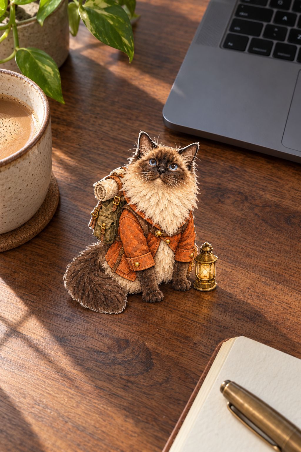 Basti, a cat in an orange coat with a backpack and a lantern, standing on a real desk