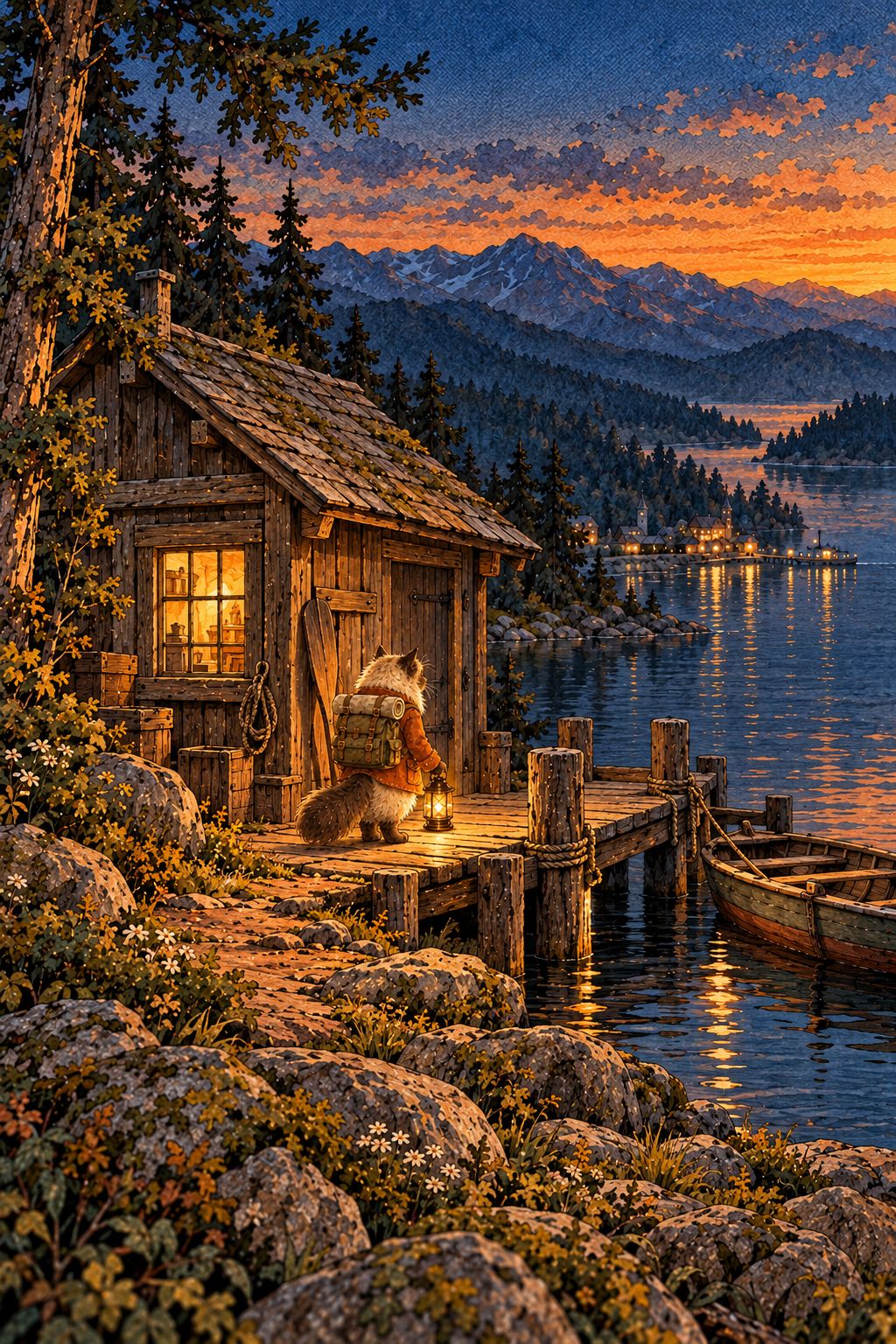 Basti arriving at a lit boathouse at dusk