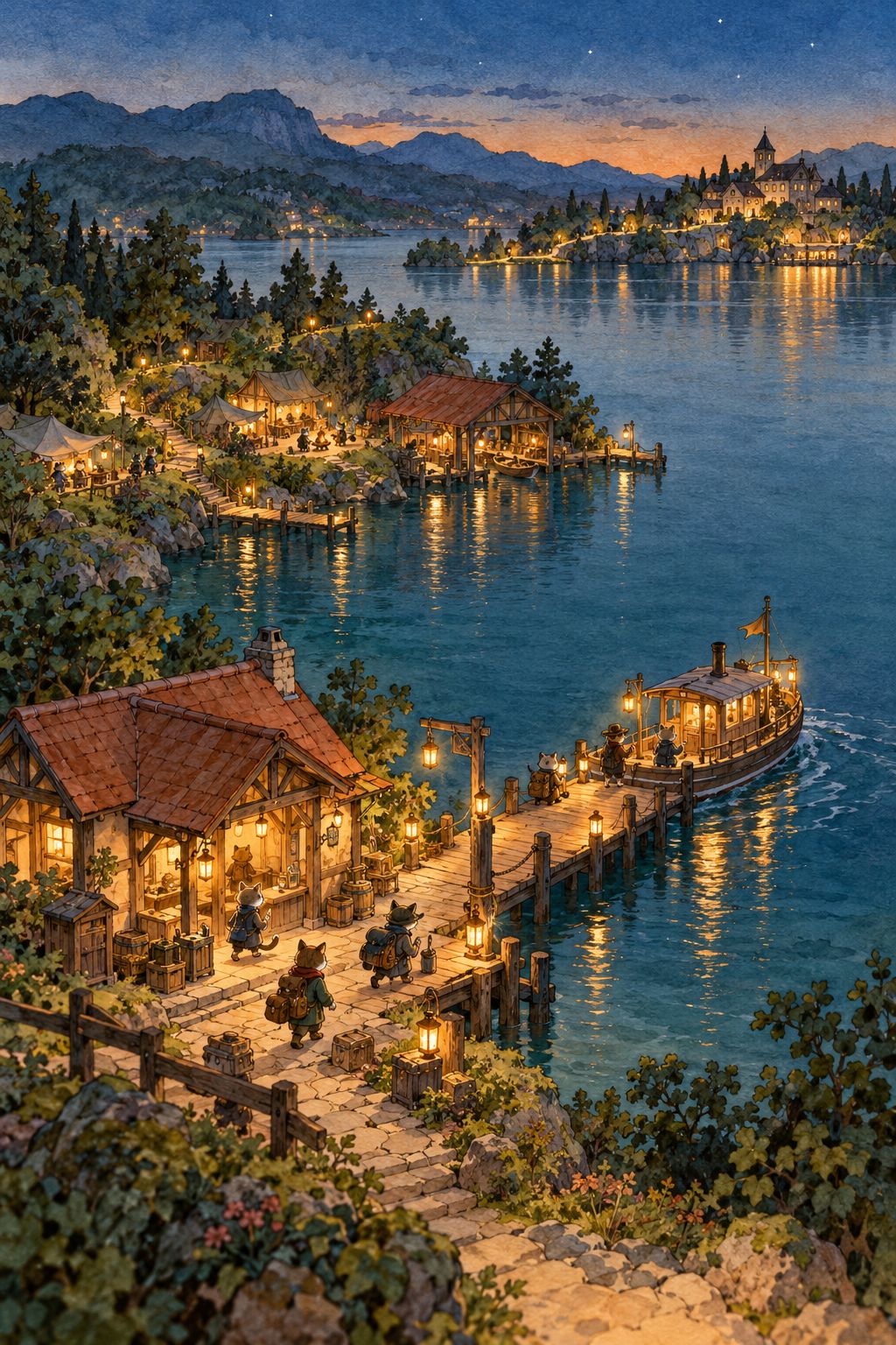 The lake at night with lanterns lit along the shore and a ferry
